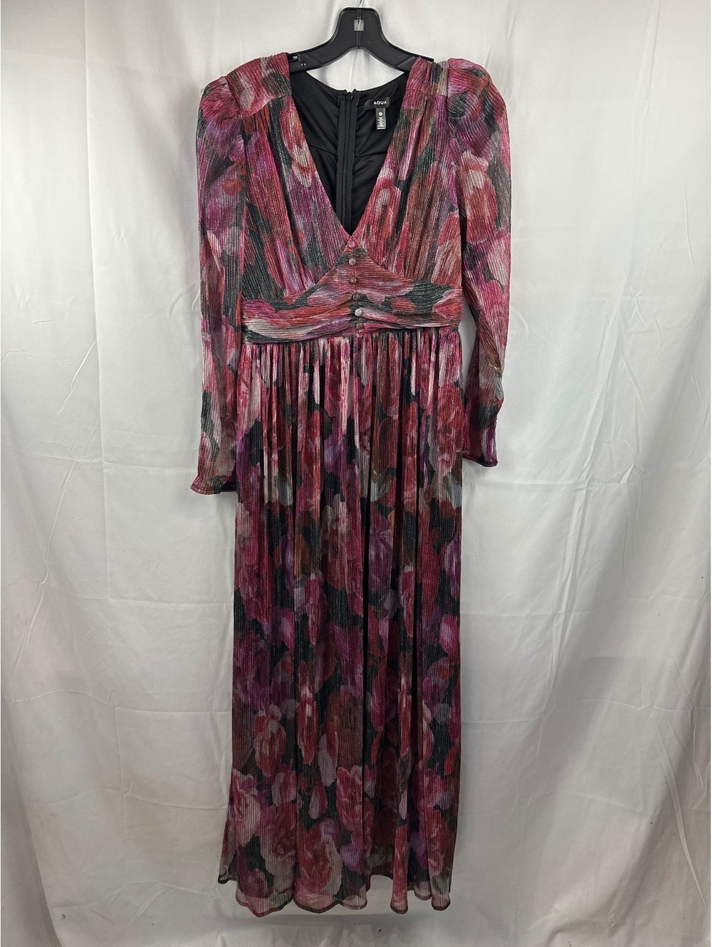 AQUA Medium Black and Red Floral Metallic Long Sleeve Maxi G